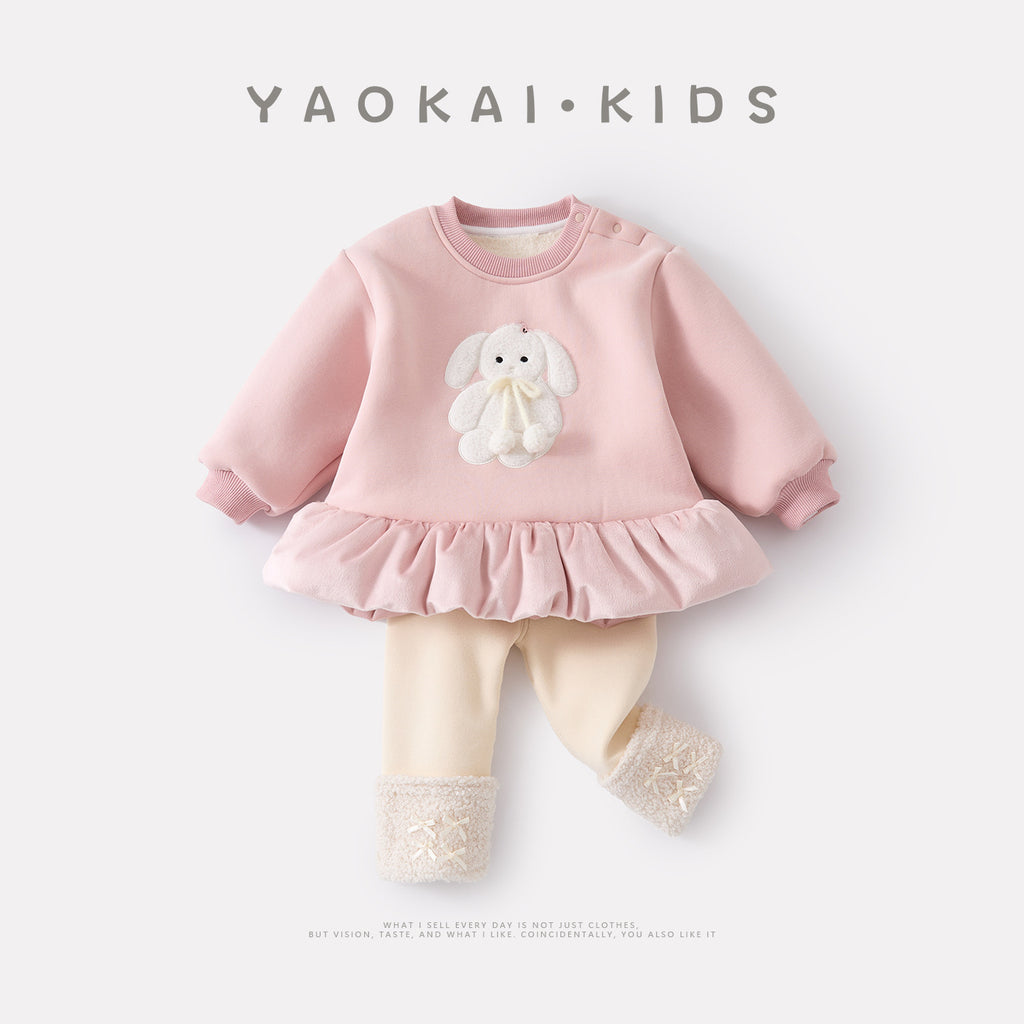 Embroidered Fleece-Lined Mid-Length Hoodie Set for Toddler Girls
