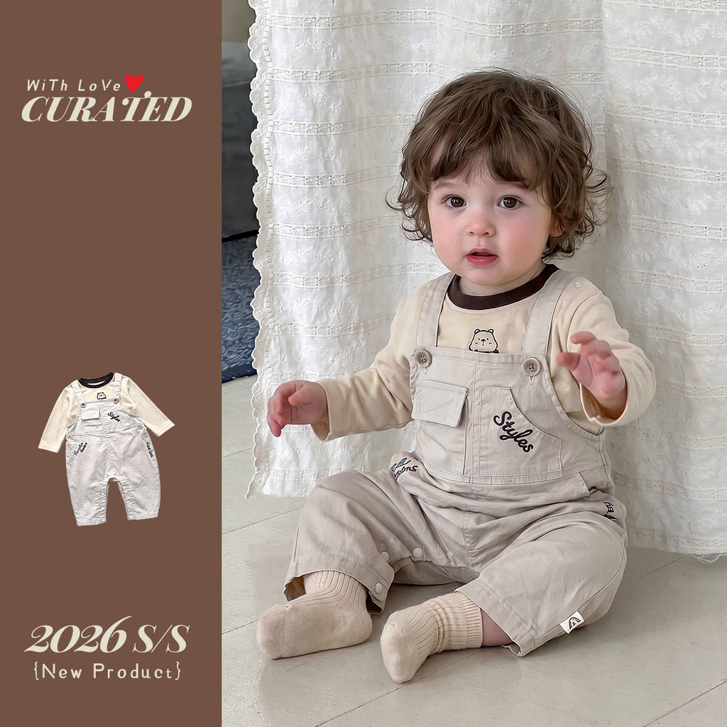 Soft Cartoon Long Sleeve T-Shirt Two-Piece Set, 1-Year-Old Boy Bib Pants Autumn