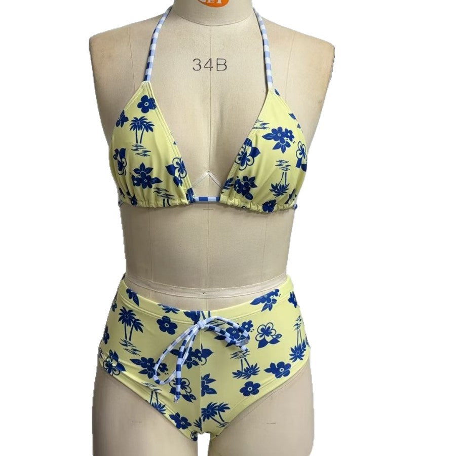 Bikini Set with Neck Tie, Triangular Cups, High Waist Two-Piece Swimwear for Beach Vacation