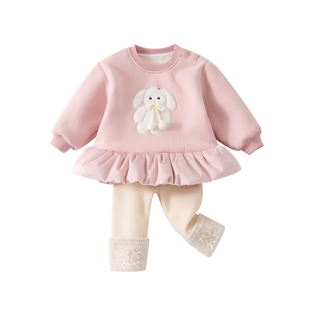 Embroidered Fleece-Lined Mid-Length Hoodie Set for Toddler Girls
