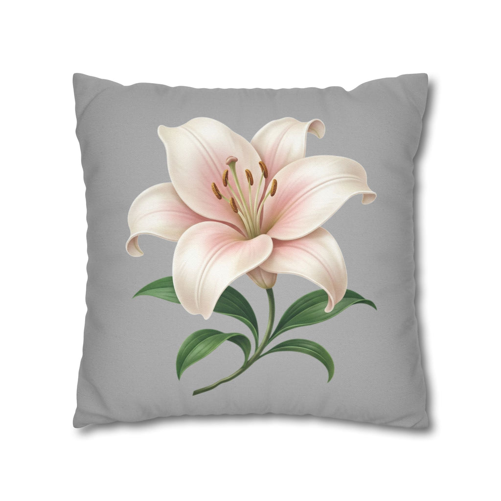 Floral Lily Throw Pillowcase — Pink Lily on Gray Decorative Cushion Cover