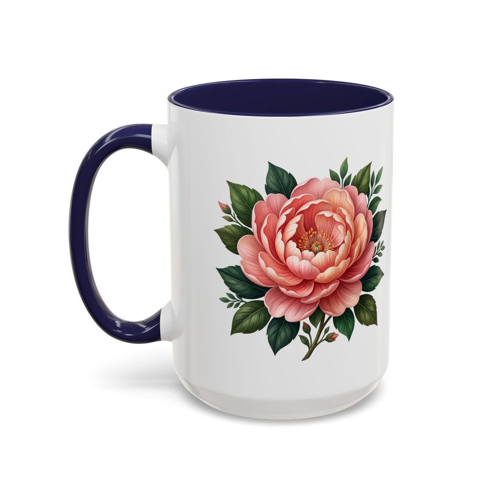 Floral Peony Accent Coffee Mug — Pink Rose Bloom Ceramic Cup
