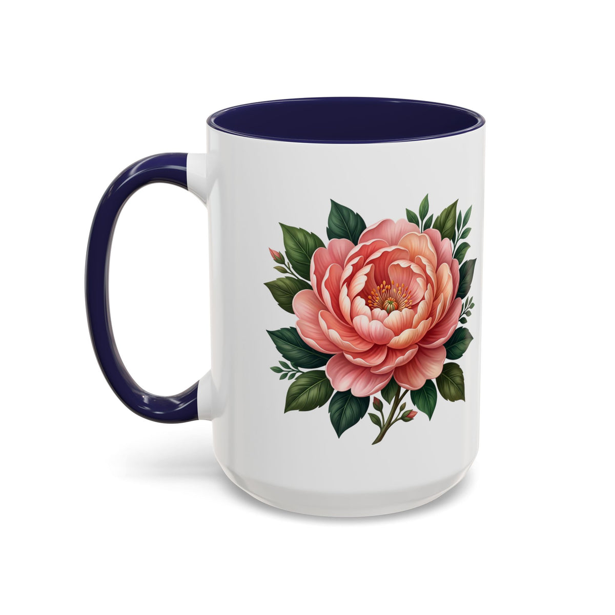 Floral Peony Accent Coffee Mug — Pink Rose Bloom Ceramic Cup