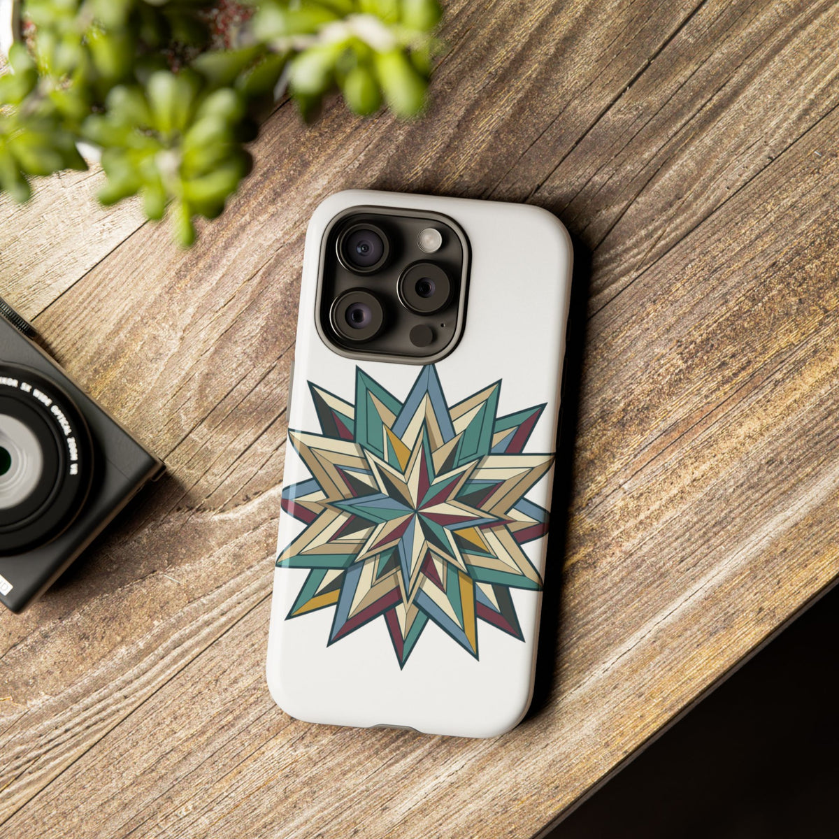 Geometric Star Phone Case — Teal & Earthtone Mandala Design