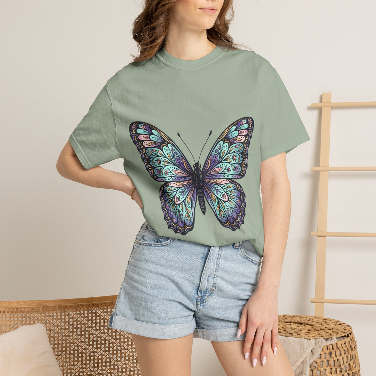 Butterfly Art T‑Shirt — Blue Purple Ornamental Butterfly Graphic Tee