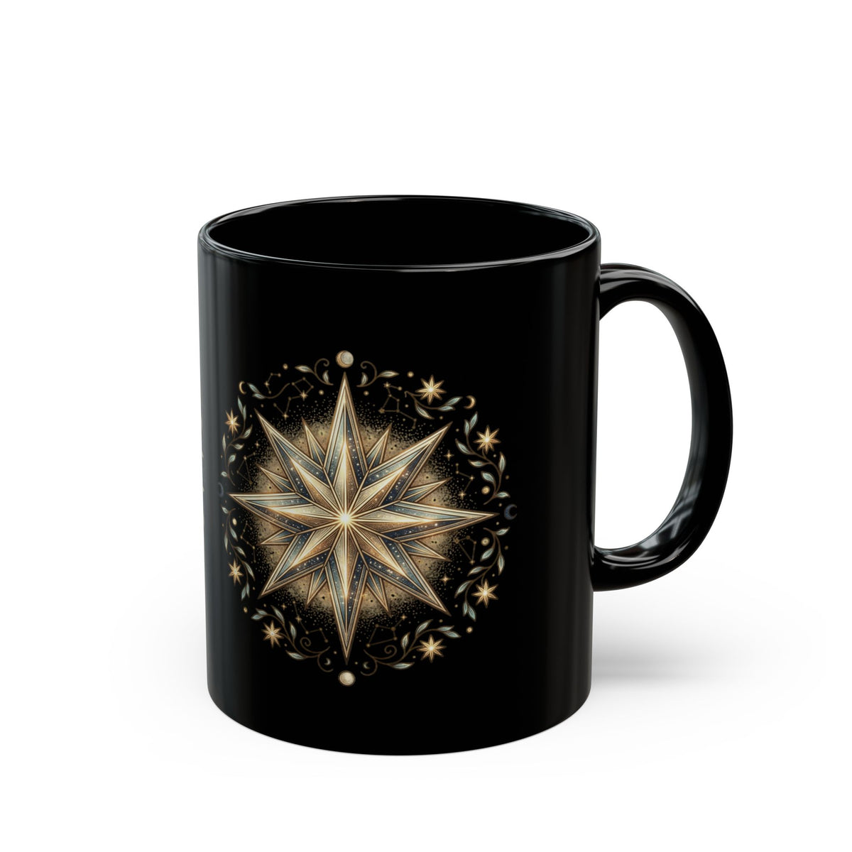 Black Ceramic Mug — Gold Nautical Compass Star Design (11oz/15oz)