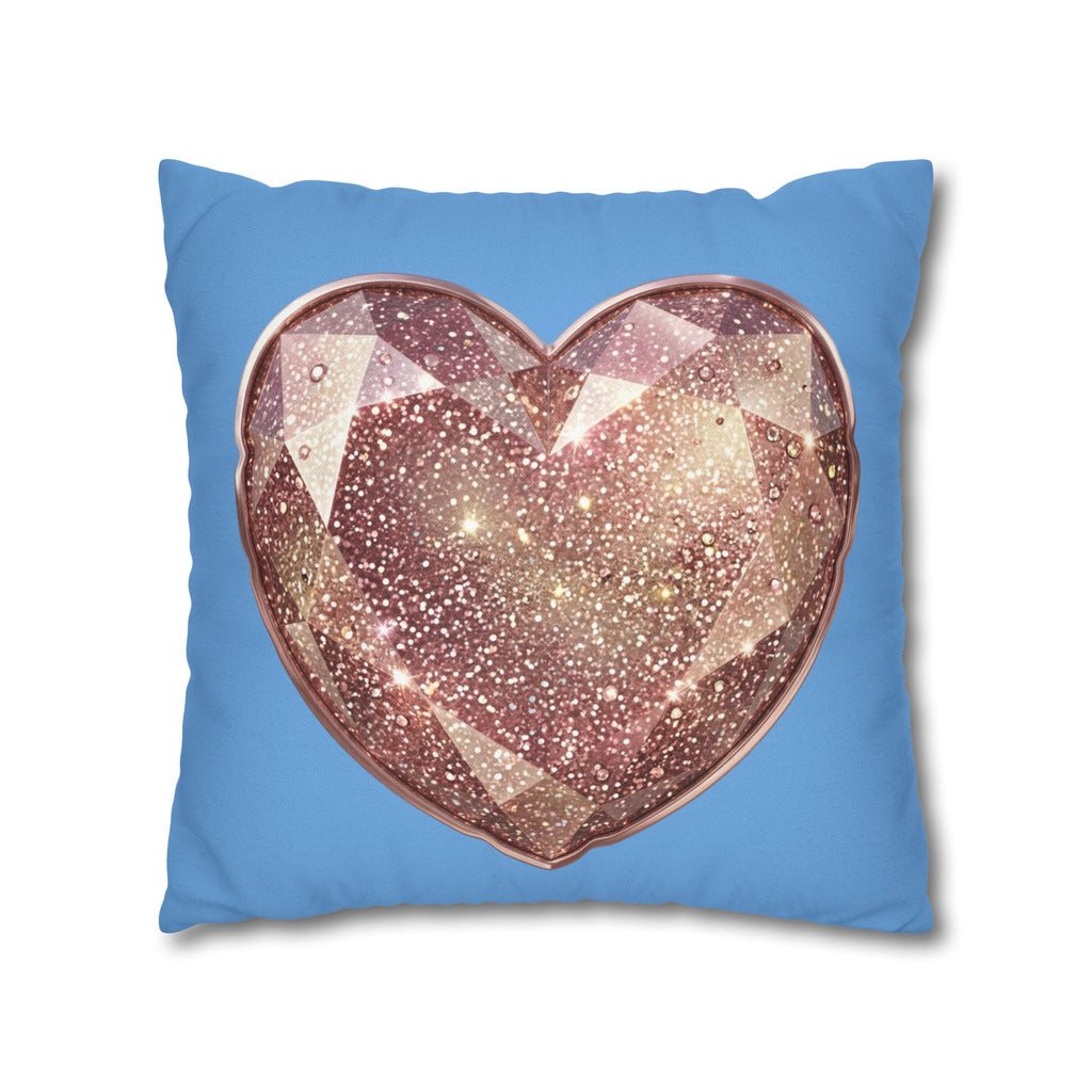 Glitter Gem Heart Pillowcase — Sparkling Rose Gold Heart on Blue