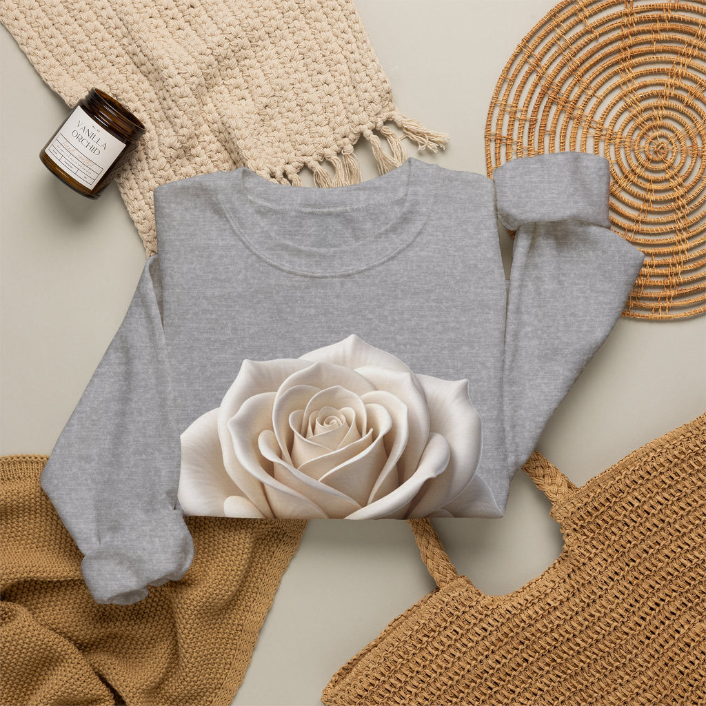 White Rose Crewneck Sweatshirt — Elegant Botanical Floral Pullover