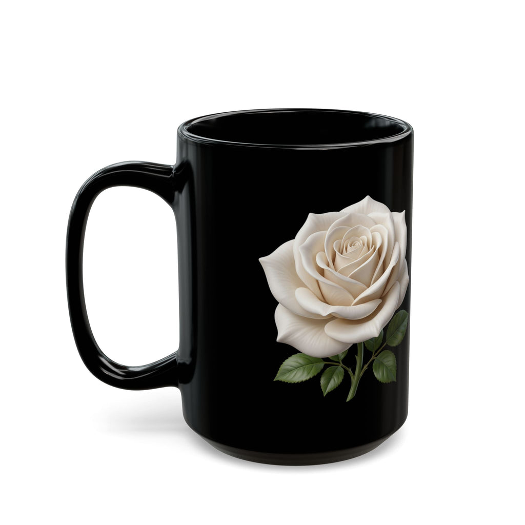 White Rose Black Mug — Elegant Floral Coffee Cup (11oz & 15oz)