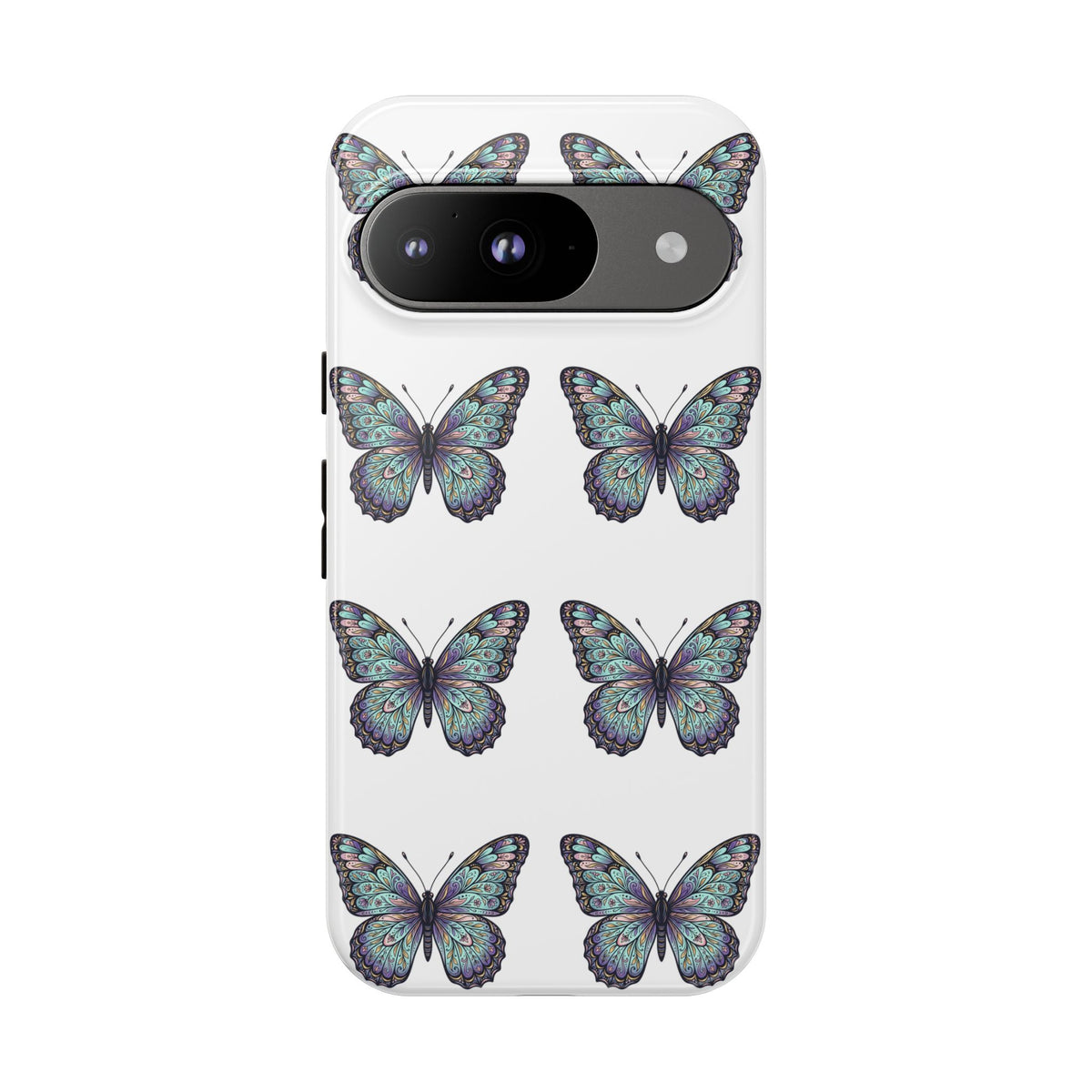 Butterfly Pattern Tough Phone Case — Vintage Teal Floral Protective Cover