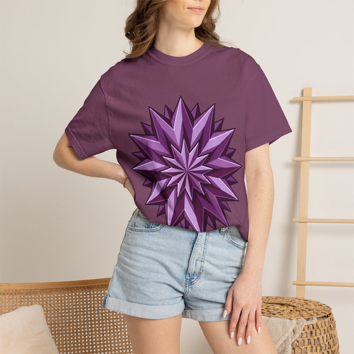 Purple Geometric Starburst T-Shirt — Bold 3D Floral Graphic Tee