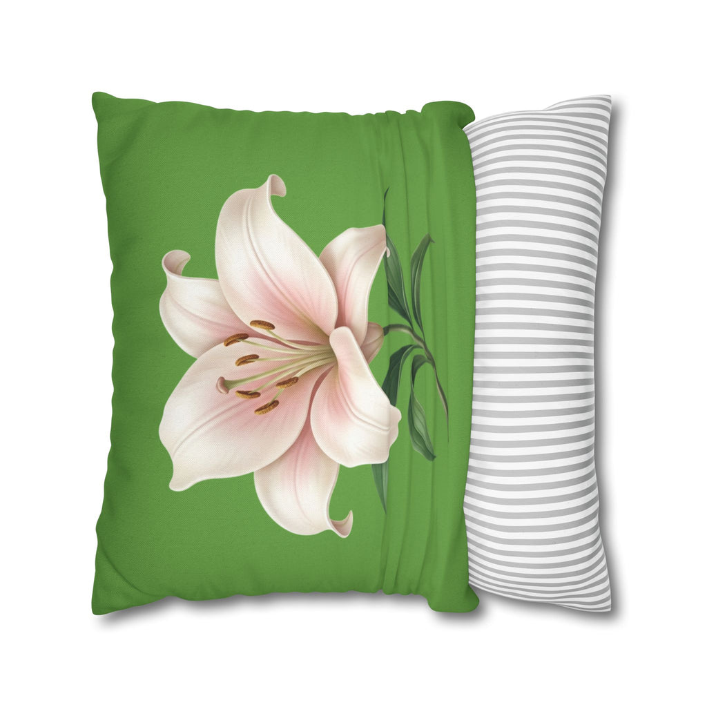 Pink Lily Floral Pillowcase — Green Square Decorative Pillow Cover