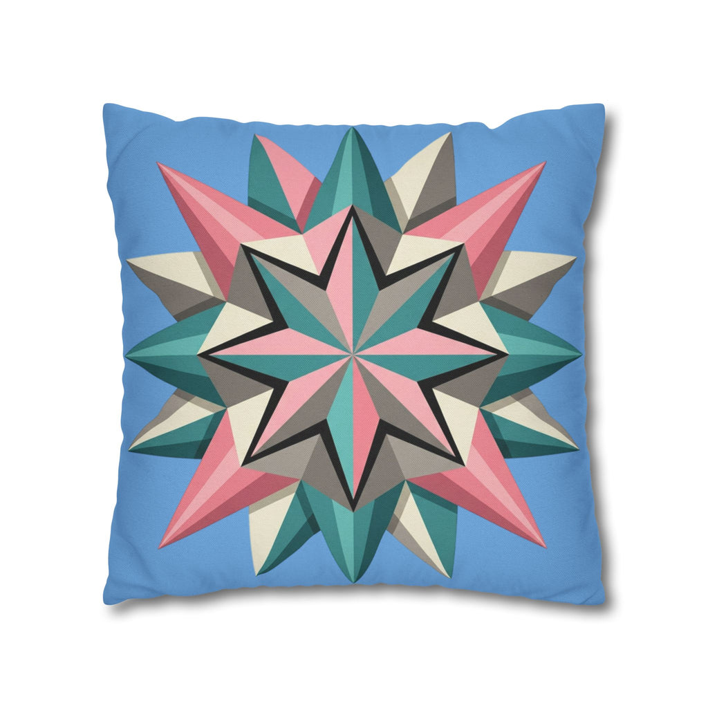 Geometric Starburst Throw Pillowcase – Pastel Compass Design on Sky Blue