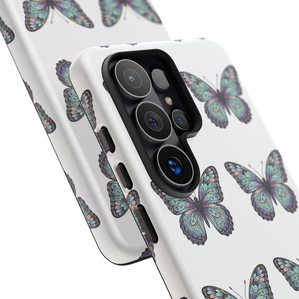 Butterfly Pattern Tough Phone Case — Vintage Teal Floral Protective Cover