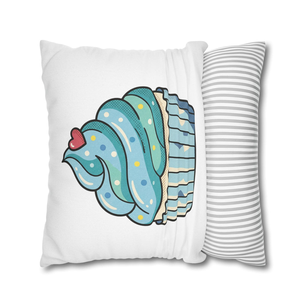 Cupcake Throw Pillowcase — Cute Blue Frosting Decorative Pillow Cover- White