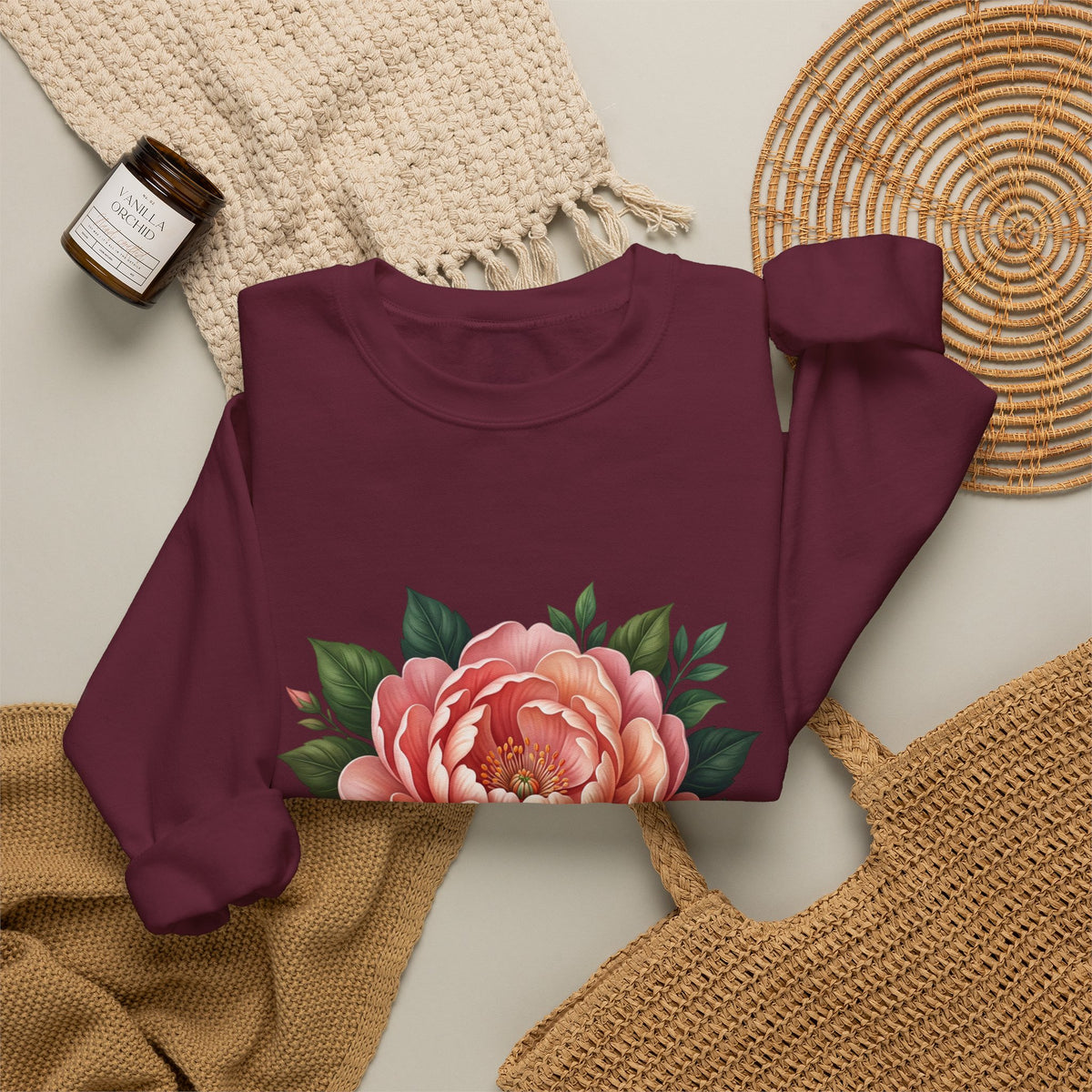 Floral Peony Crewneck Sweatshirt — Vintage Pink Flower Pullover