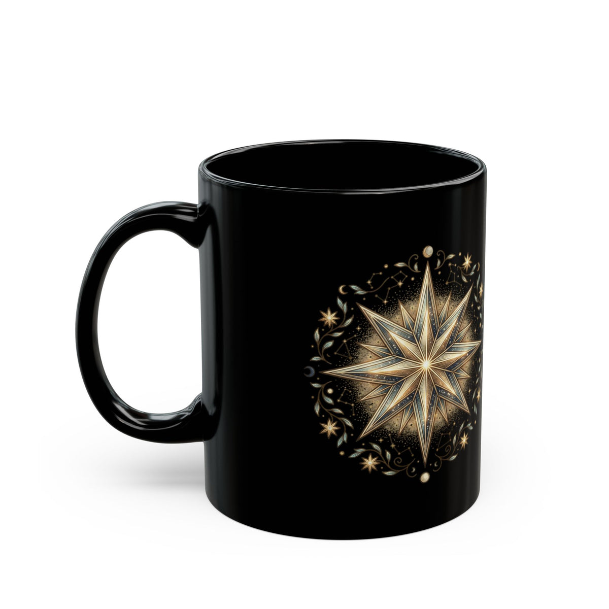 Black Ceramic Mug — Gold Nautical Compass Star Design (11oz/15oz)