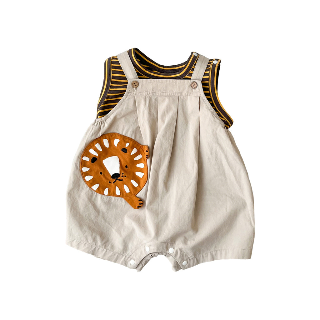 Lion Overalls with Stripe Vest, Two-Piece Set, Children's Summer Clothing