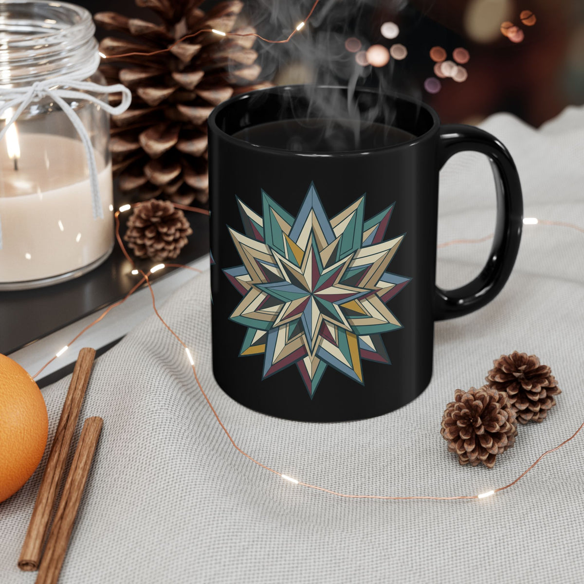 Geometric Starburst Black Ceramic Mug — 11oz & 15oz