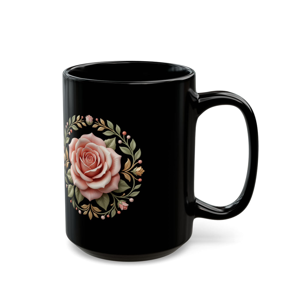 Black Rose Ceramic Mug — Elegant Pink Floral Coffee Cup (11oz & 15oz)