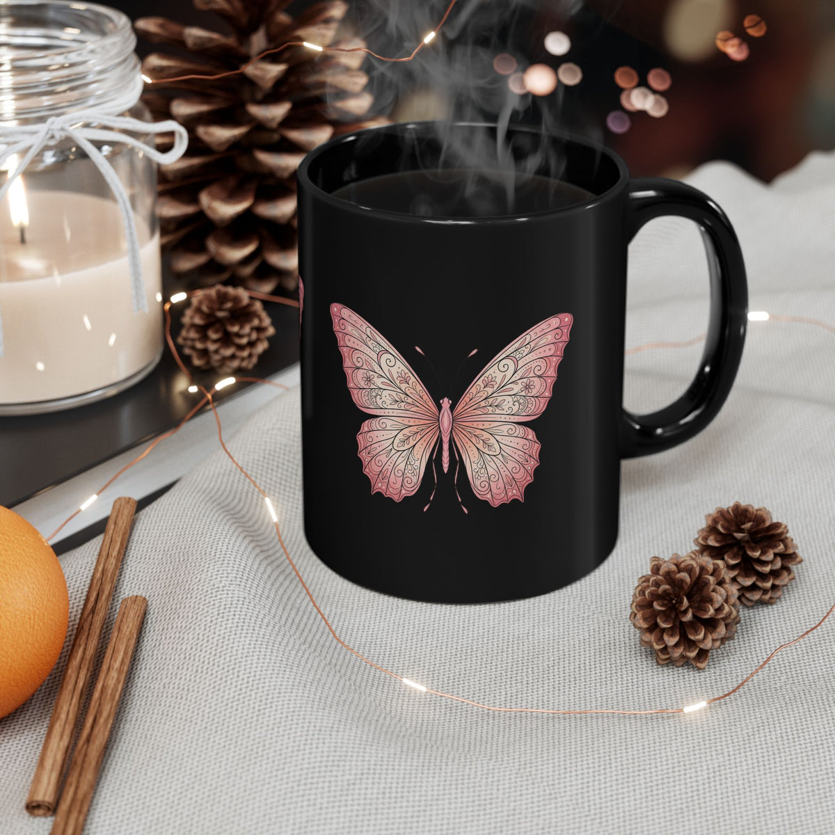 Pink Butterfly Black Mug — Elegant Floral Butterfly Ceramic Coffee Cup (11oz/15oz)