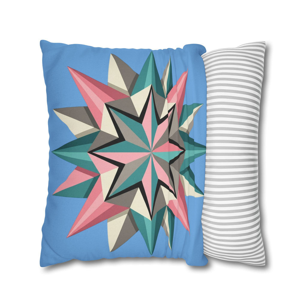 Geometric Starburst Throw Pillowcase – Pastel Compass Design on Sky Blue