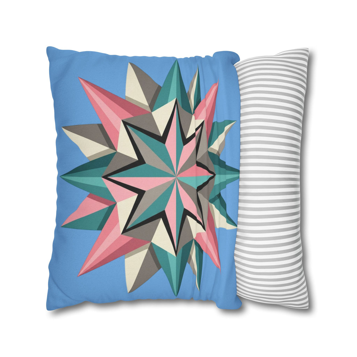 Geometric Starburst Throw Pillowcase – Pastel Compass Design on Sky Blue