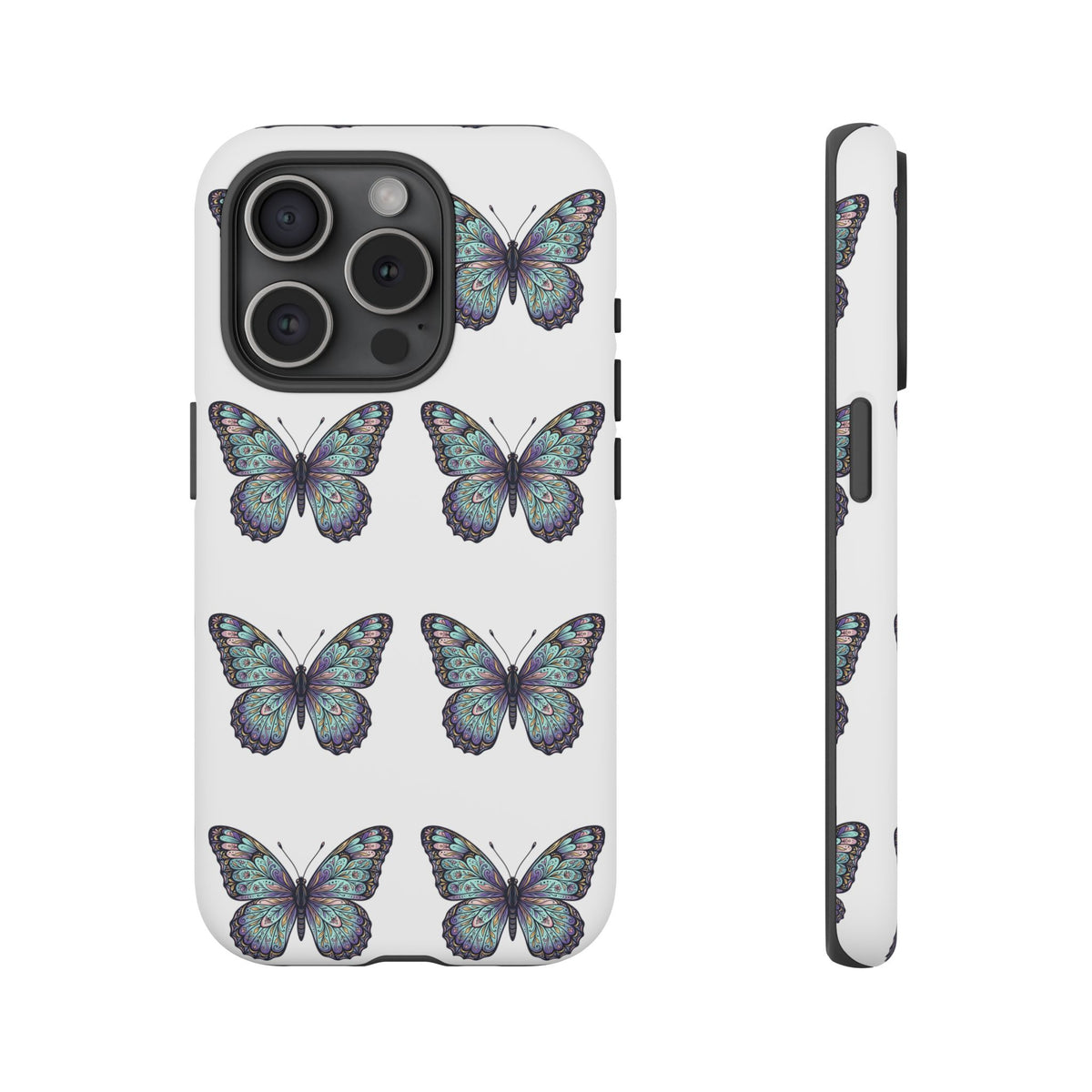 Butterfly Pattern Tough Phone Case — Vintage Teal Floral Protective Cover