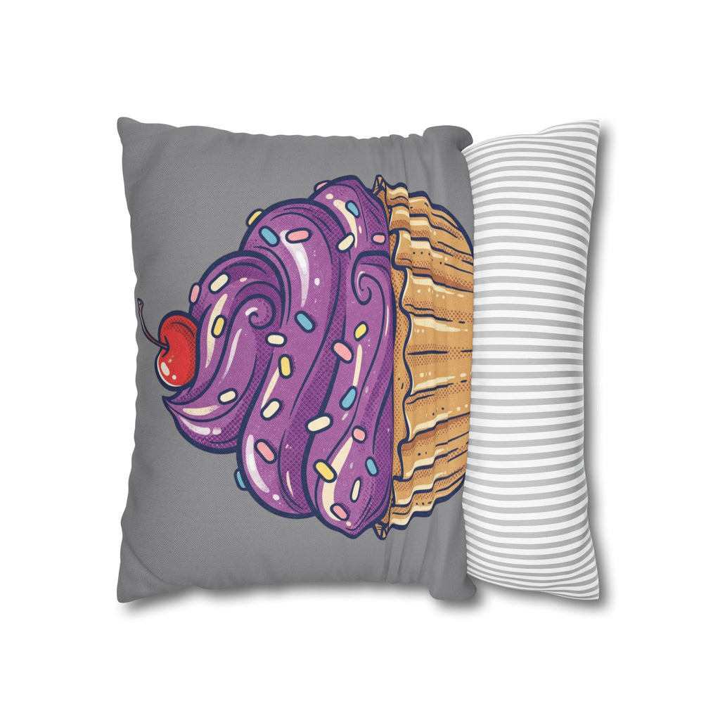 Cupcake Pillowcase — Whimsical Purple Frosting Decorative Throw Pillow- Grey