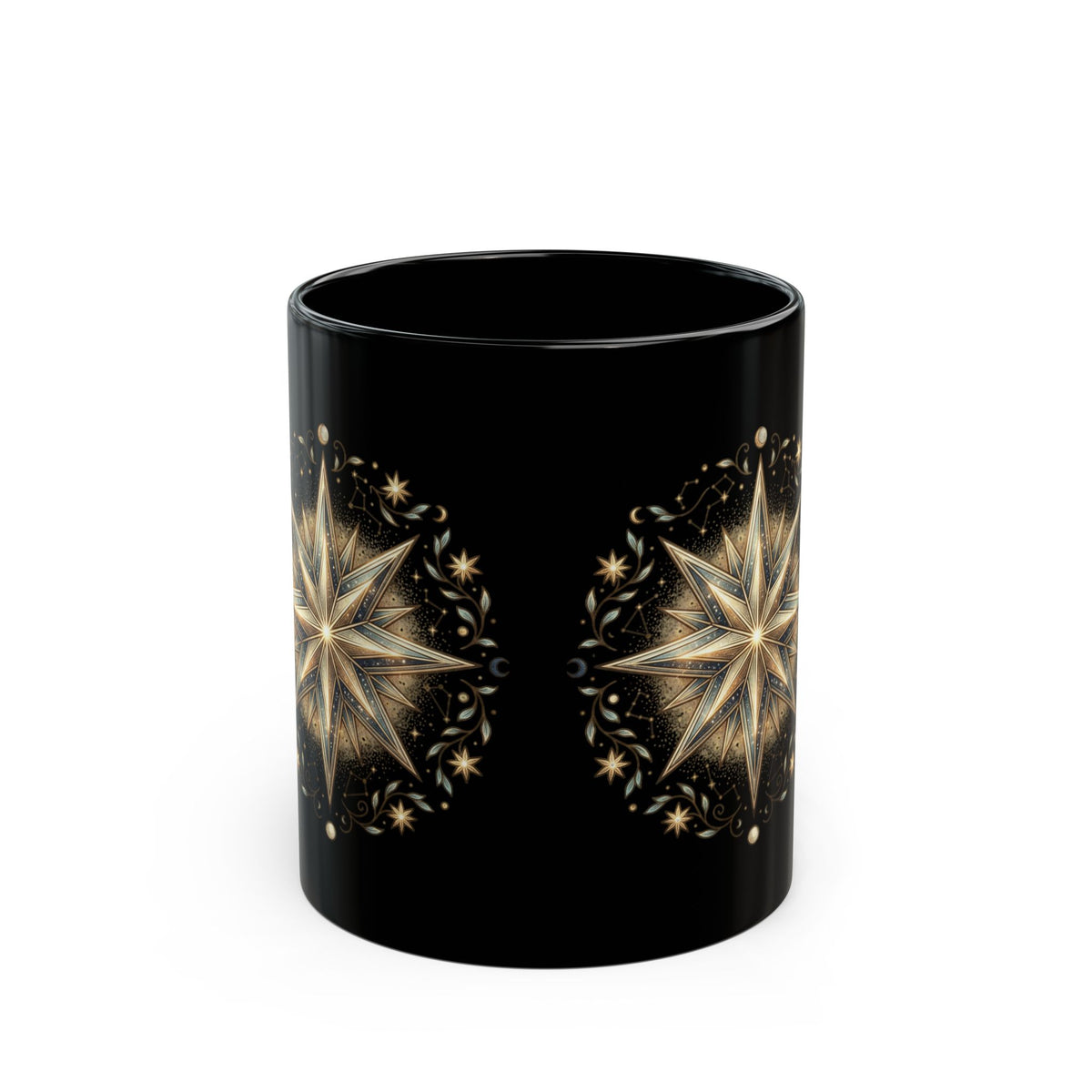 Black Ceramic Mug — Gold Nautical Compass Star Design (11oz/15oz)