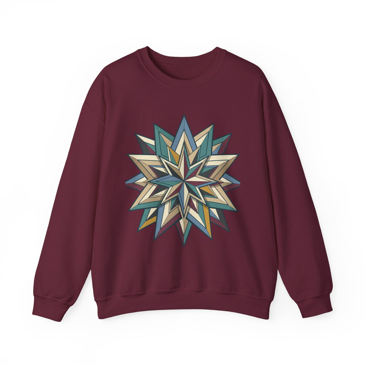 Crewneck Sweatshirt — Geometric Starburst Mandala Design