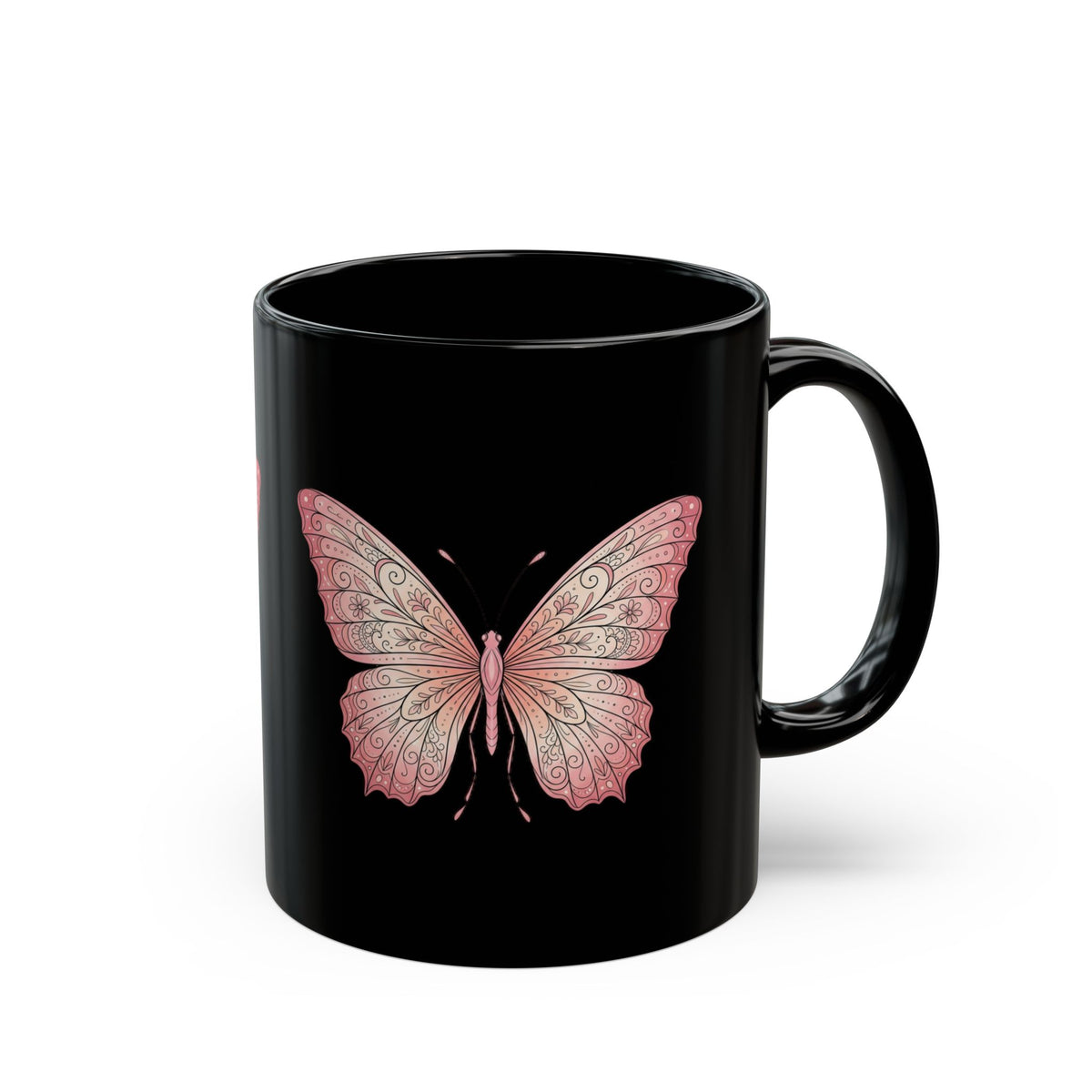 Pink Butterfly Black Mug — Elegant Floral Butterfly Ceramic Coffee Cup (11oz/15oz)