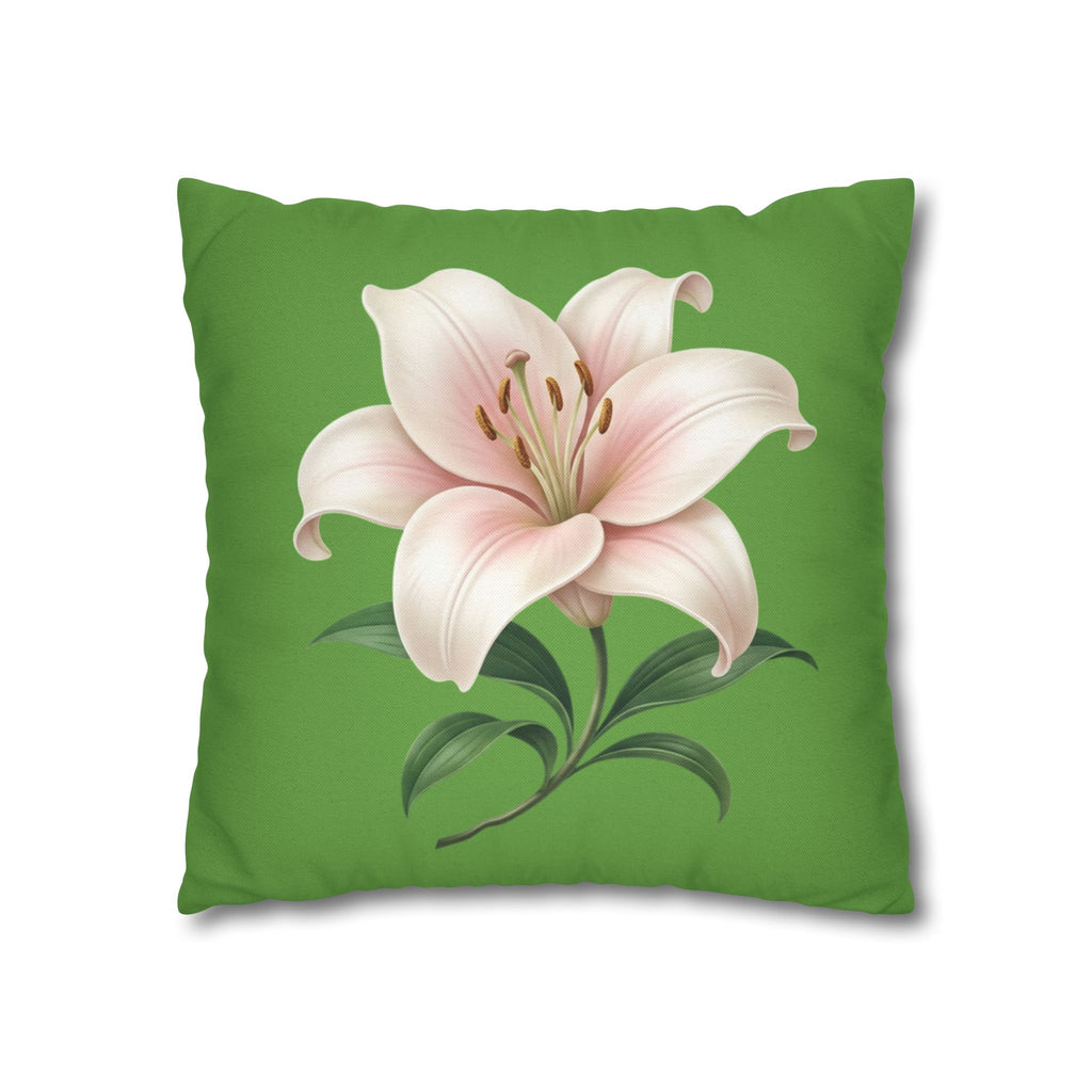 Pink Lily Floral Pillowcase — Green Square Decorative Pillow Cover
