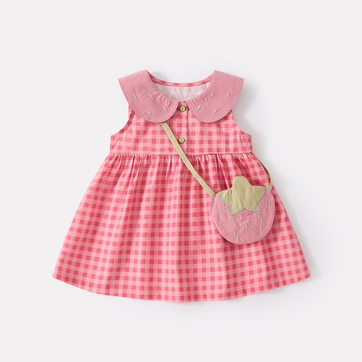 Baby Girl Cotton Checkered Sleeveless Romper with Peter Pan Collar Infant Clothes