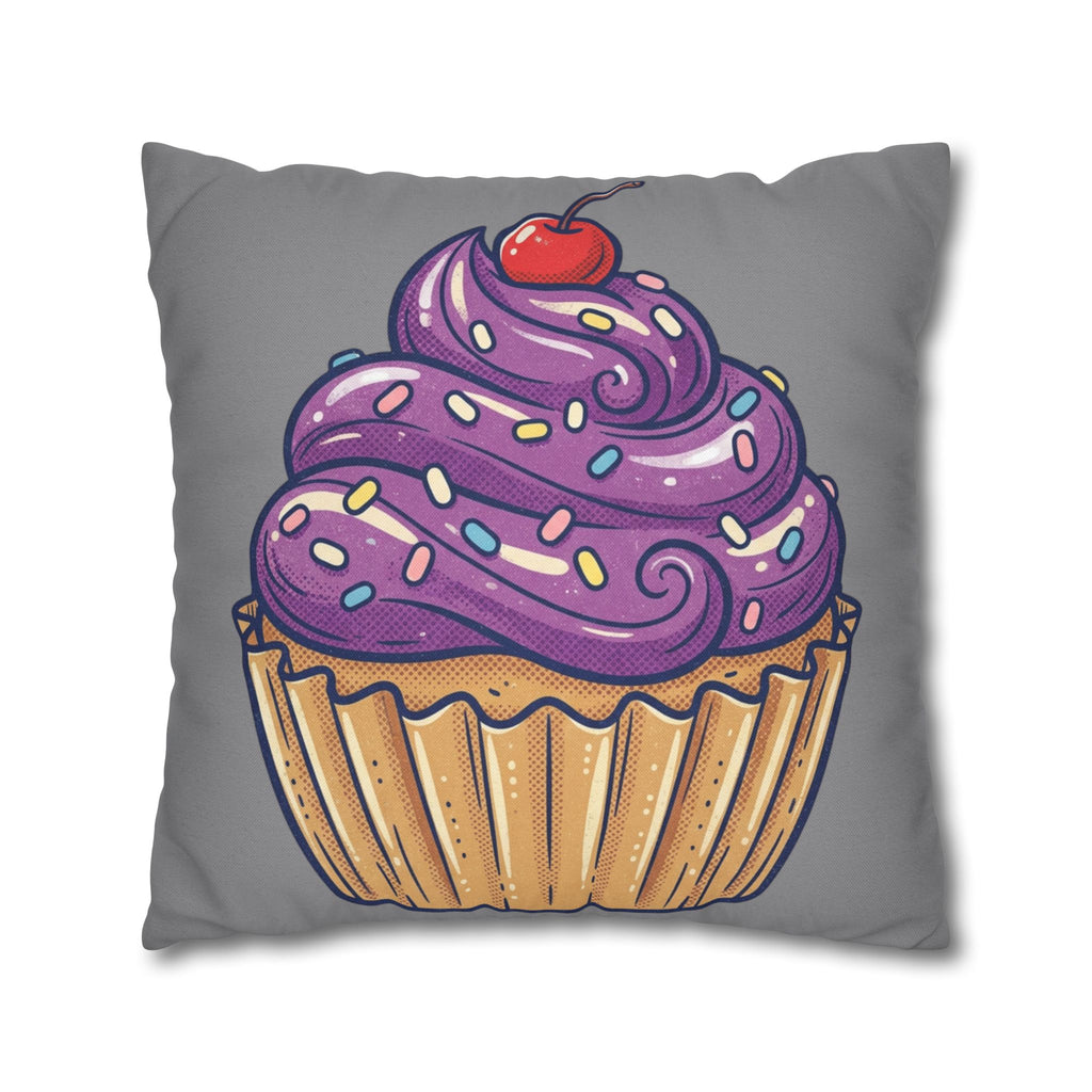 Cupcake Pillowcase — Whimsical Purple Frosting Decorative Throw Pillow- Grey