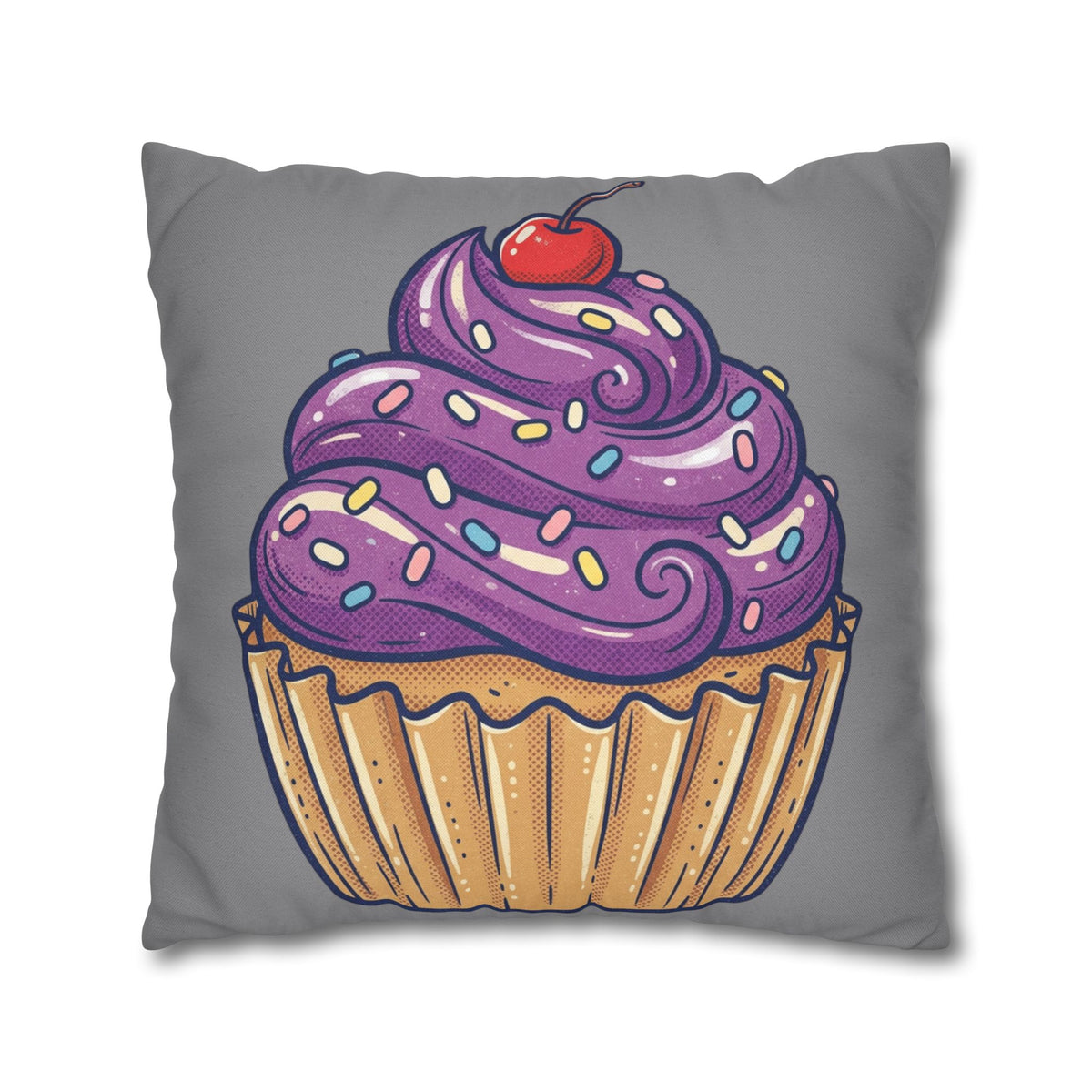 Cupcake Pillowcase — Whimsical Purple Frosting Decorative Throw Pillow- Grey