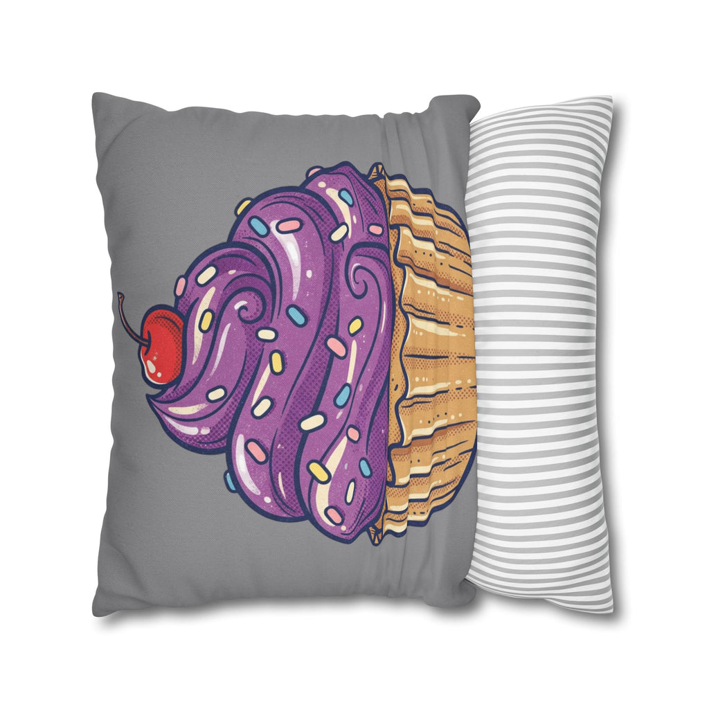Cupcake Pillowcase — Whimsical Purple Frosting Decorative Throw Pillow- Grey