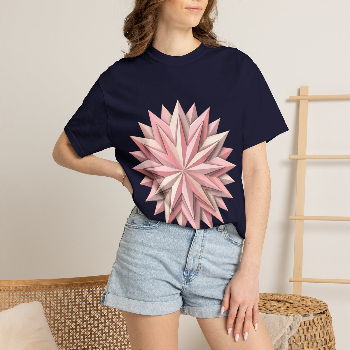Geometric Rose Star T-Shirt — Pink 3D Origami Floral Tee
