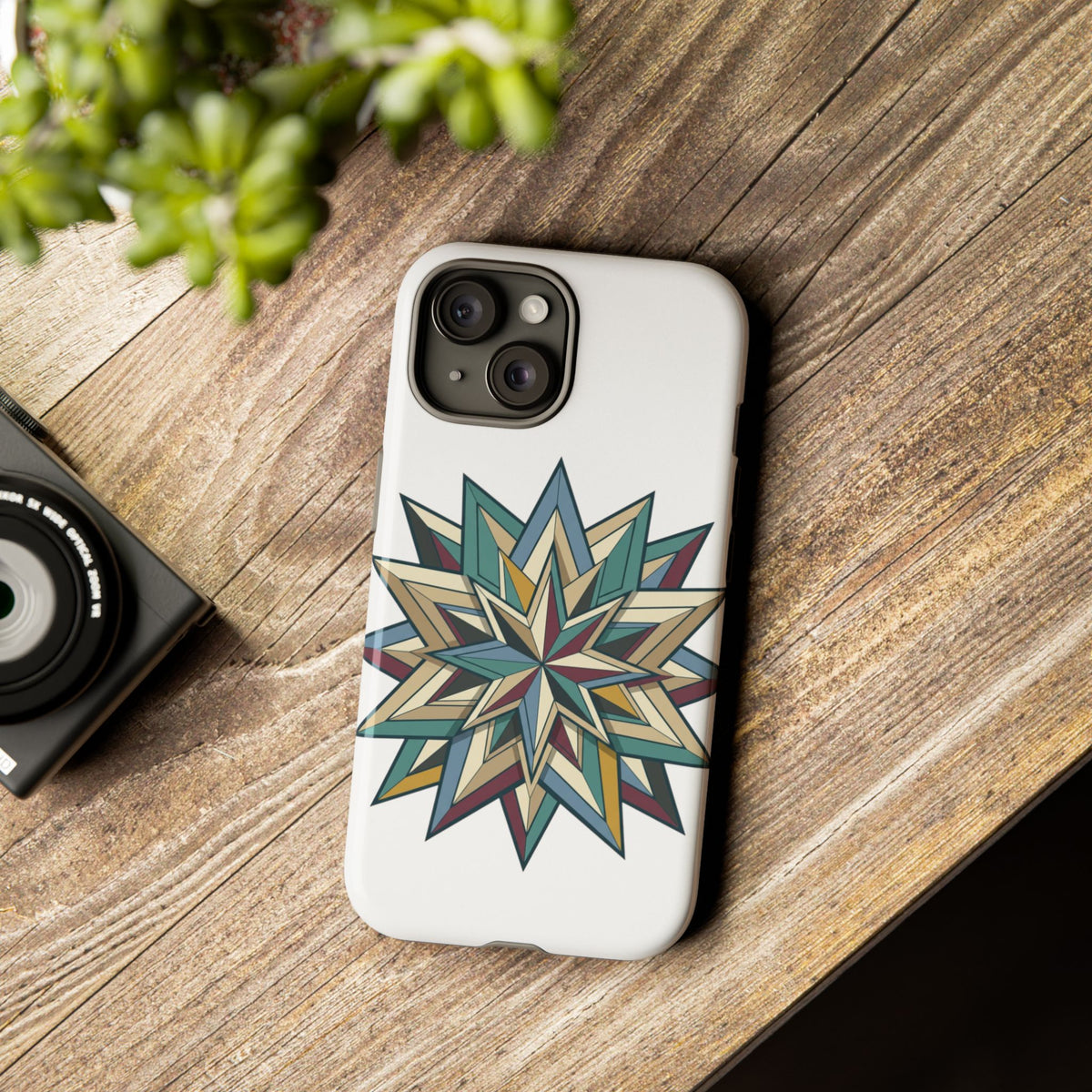 Geometric Star Phone Case — Teal & Earthtone Mandala Design