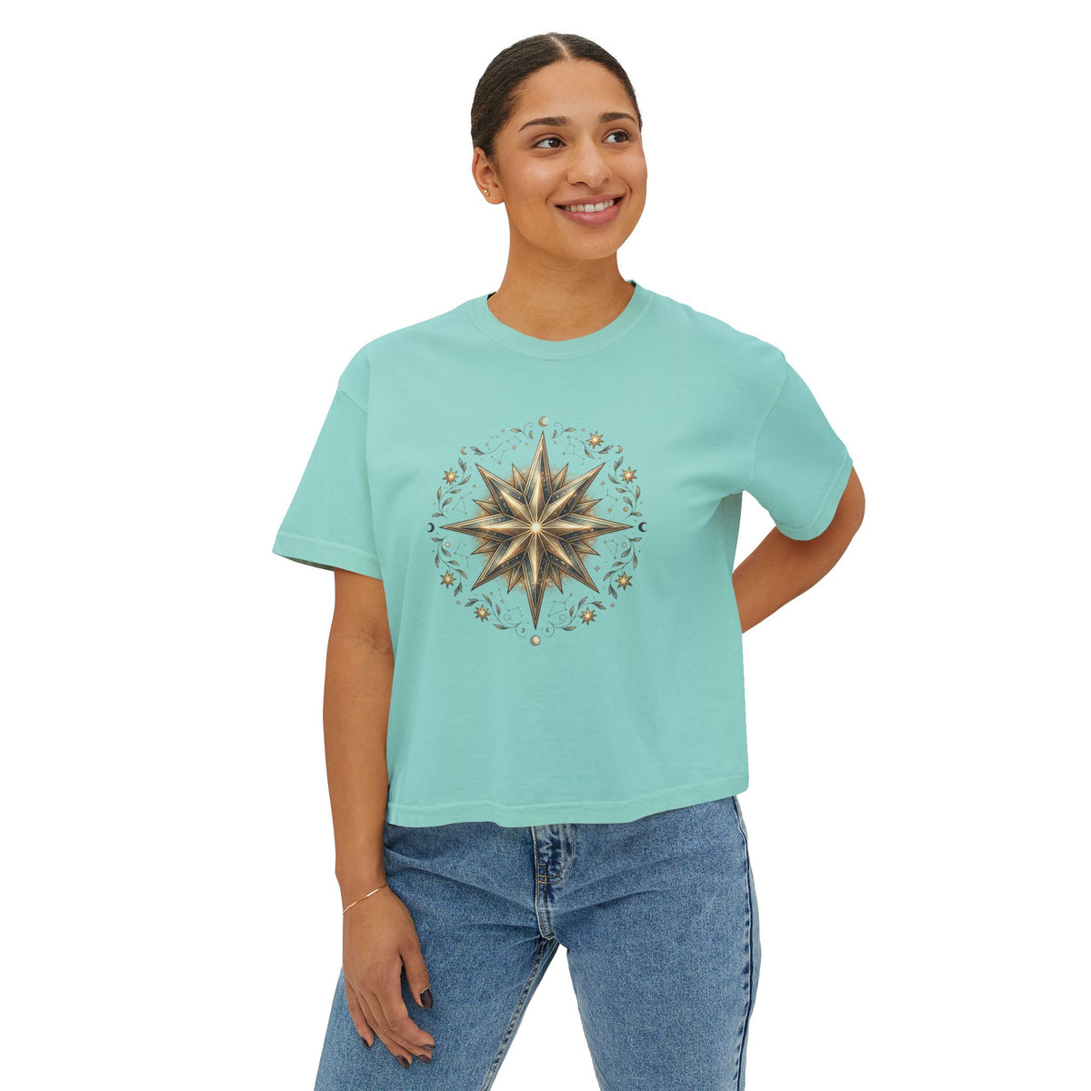 Starburst Floral Boxy Tee — Women's Boho Graphic Crop T-Shirt