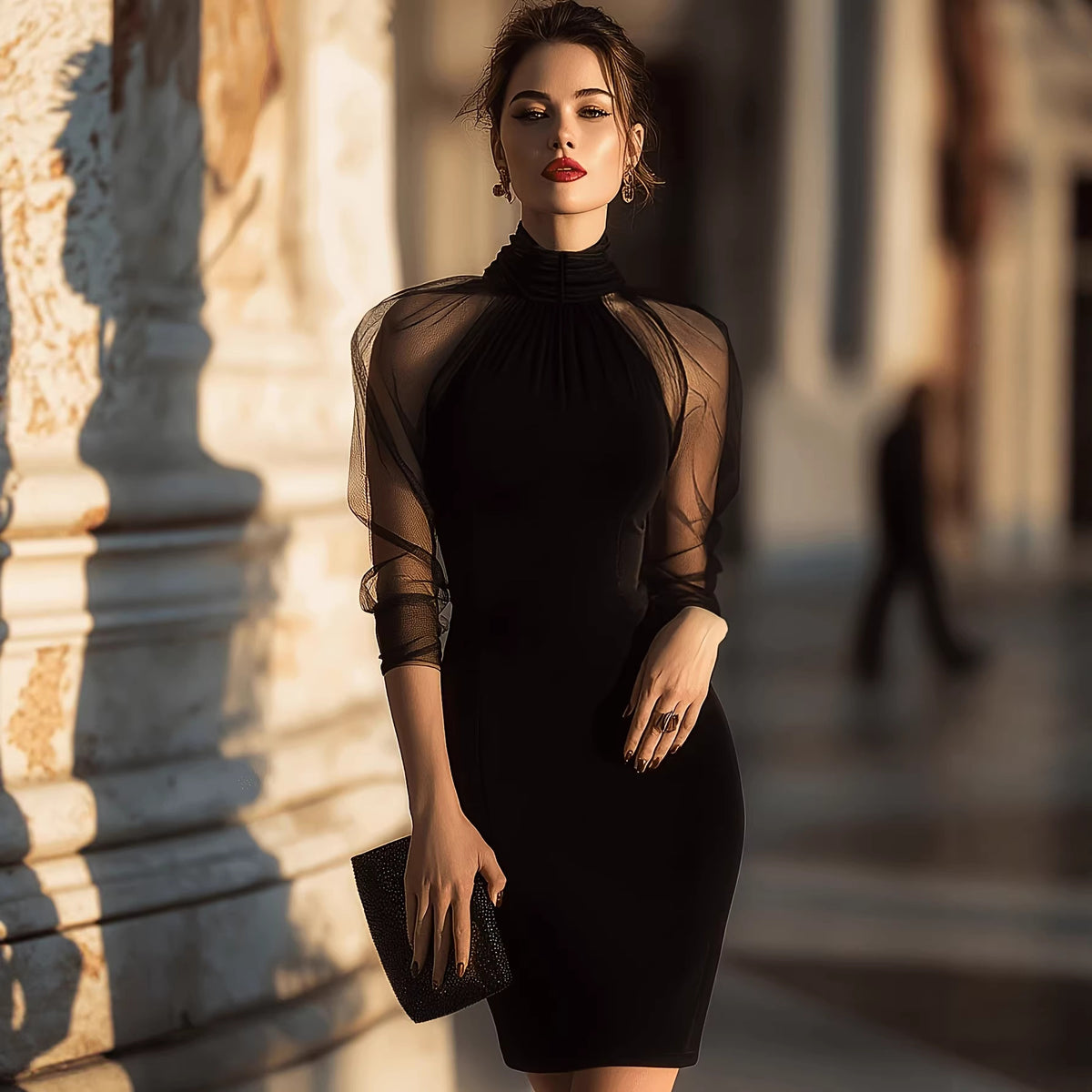 Elegant Long Sleeve Sheath Dress with High Neck and Mesh Overlay for Formal Evening Wear