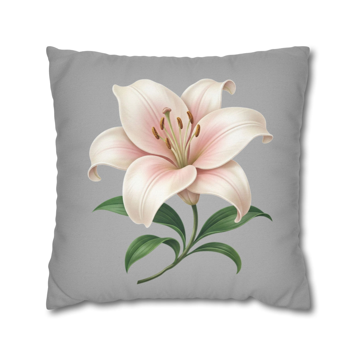 Floral Lily Throw Pillowcase — Pink Lily on Gray Decorative Cushion Cover