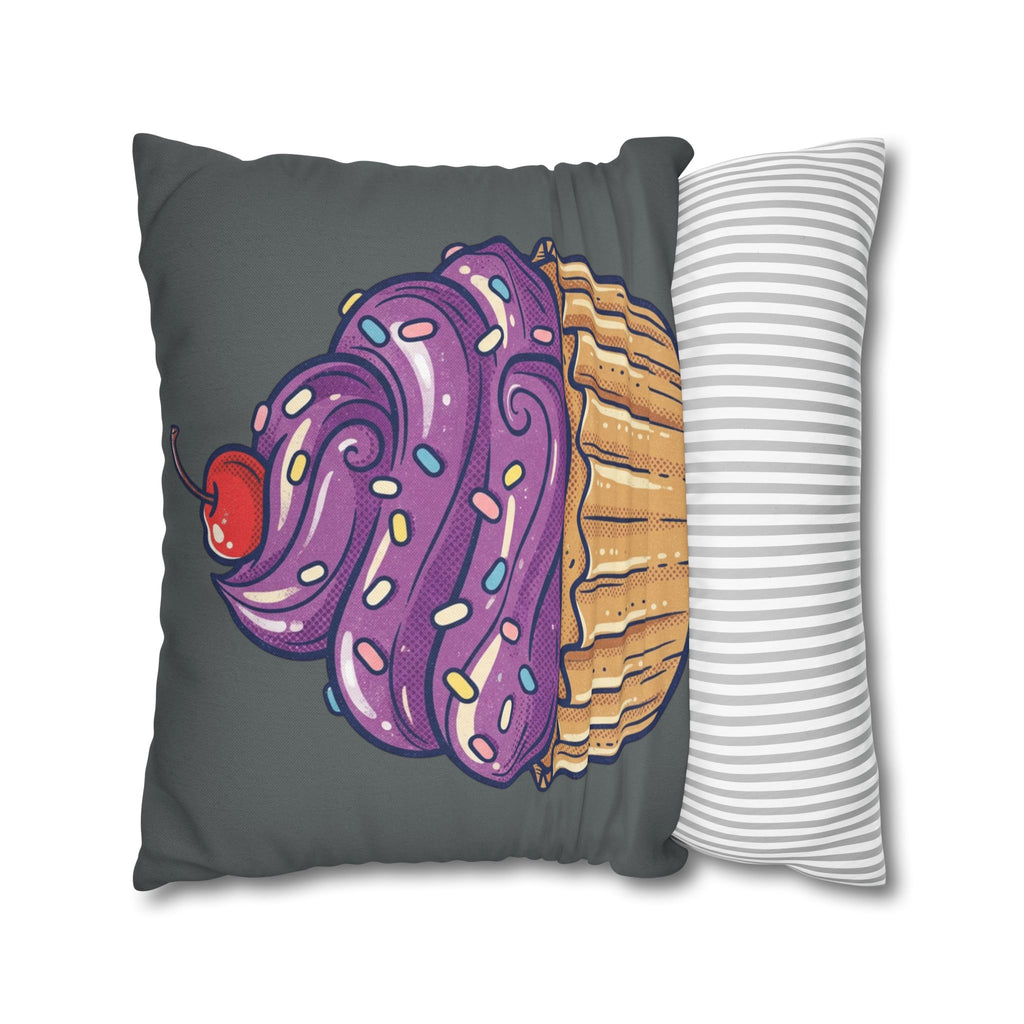 Cupcake Pillowcase — Whimsical Purple Frosting Decorative Throw Pillow- Dark Grey