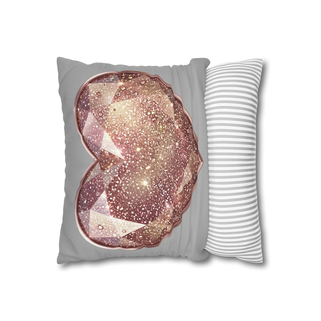 Rose Gold Gem Heart Pillowcase — Sparkling Decorative Throw Pillow Cover- Light Grey