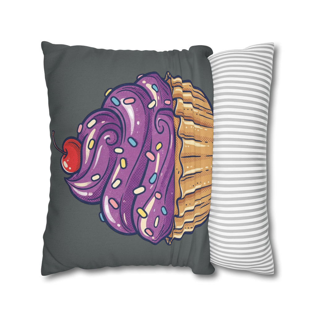 Cupcake Pillowcase — Whimsical Purple Frosting Decorative Throw Pillow- Dark Grey