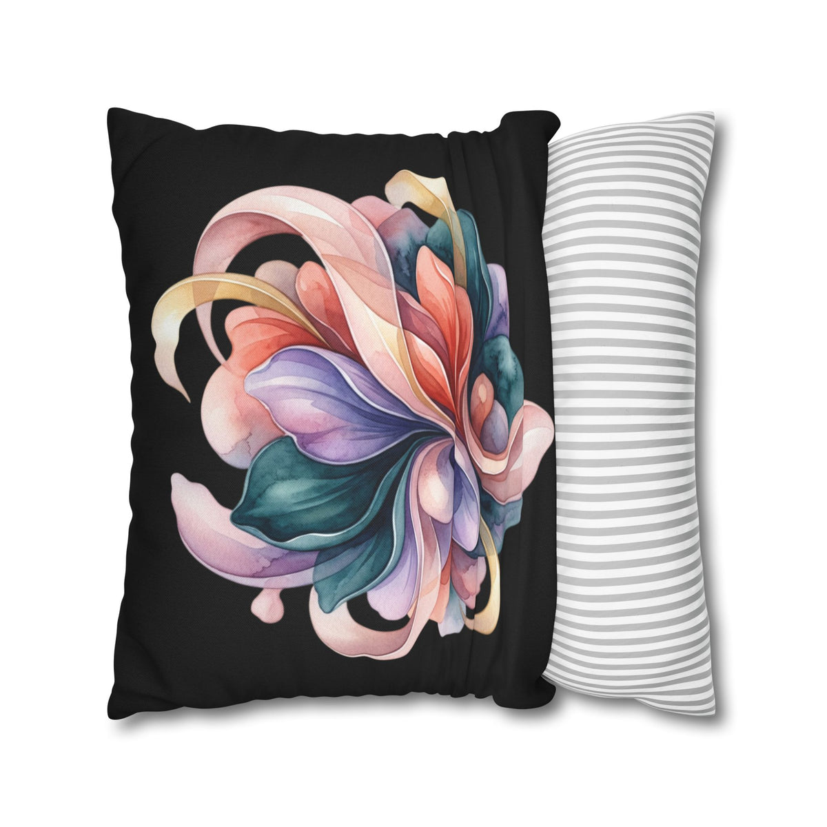 Abstract Floral Throw Pillowcase — Colorful Petal Swirl on Black