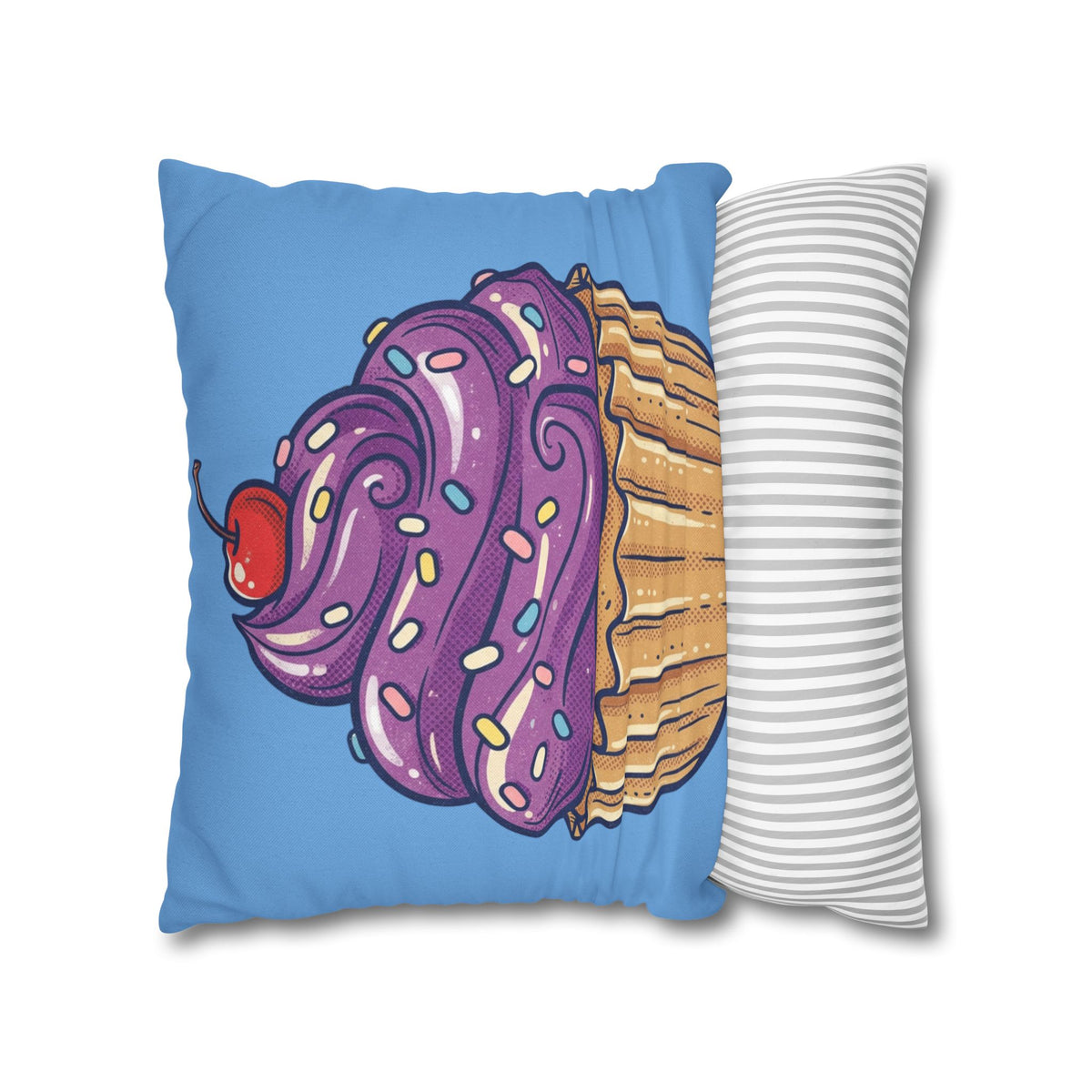 Cupcake Pillowcase — Cute Purple Frosting Decorative Throw Pillow- Light Blue