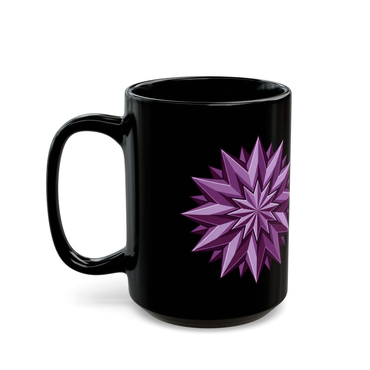 Purple Geometric Starburst Black Mug — 11oz & 15oz Ceramic Coffee Cup