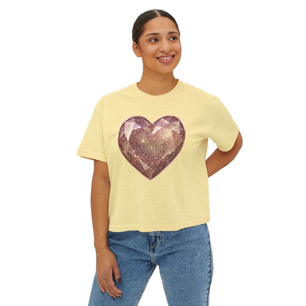 Glitter Gem Heart Boxy Tee — Women's Sparkle Heart Graphic Shirt