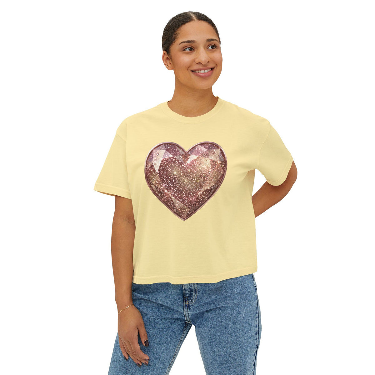 Glitter Gem Heart Boxy Tee — Women's Sparkle Heart Graphic Shirt